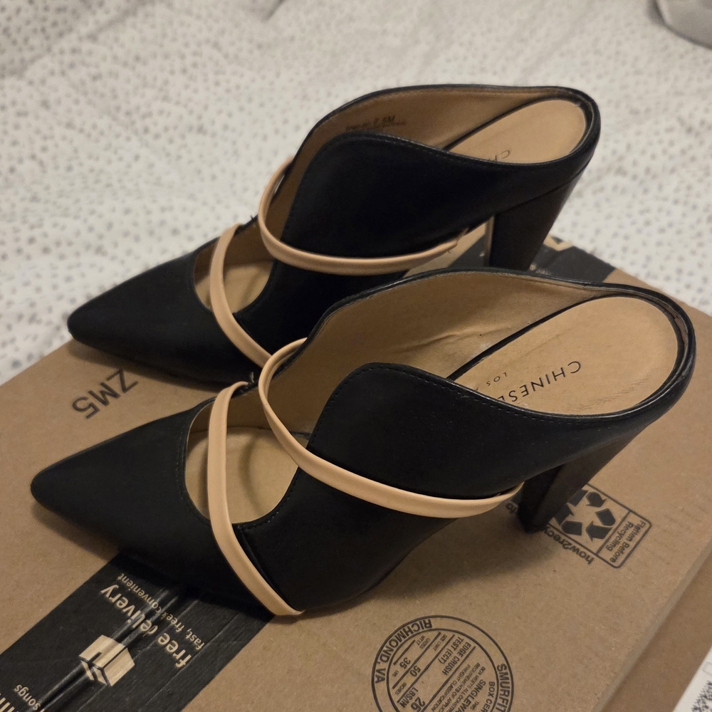 Chinese Laundry Black Pointed Mules with Nude Straps